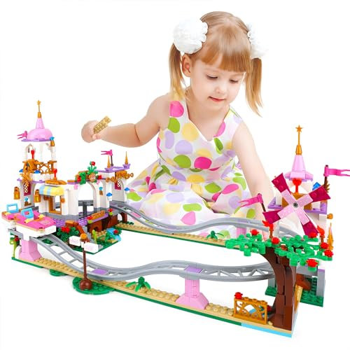 OundarM Princess Castle with Roller Coaster Kit, Friends Pink Amusement Park Building Blocks Set for Boys and Girls Aged 6 7 8 9 10 11 Years, 711 Pieces