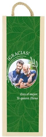Caja botella de vino personalizada para regalo a madre o padre. de madera natural (Verde 1 botella, Caja 1 botella)