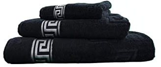Luxus Medusa Handtuch 50x90 cm im 4er Pack - feinste Baumwolle/Jacquard Webung/Hochflor Frottee mit Medusa Flachprägung und Silberner Medusa Bordüre (Schwarz mit Silber, 4er Pack Handtuch 50x90 cm)