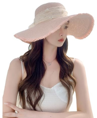 WUODHTW Damenhut mit breiter Krempe, Strohhut, Sonnenhut, Sonnenhut, Mädchen, Fischerhut, kalter Hut, rosa (1), Einheitsgröße
