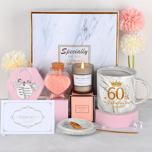 TOLOYE Idée Cadeau Fille 60 Ans, Cadeau Anniversaire, Tasse à Café, Aromathérapie, Sels de Bain, Porte-clés, Carte de Voeux, Coffret Cadeau, Cadeaux pour Amie, Sœur (Gris, 60th)