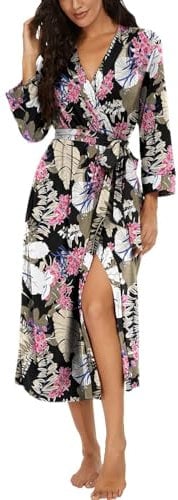 PrinStory Dressing Gown For Women Lightweight 3/4 Sleeve V Neck Long Kimono Robes Ladies Bathrobe Soft Sleepwear Loungewear (Big Leaf Pink, L)