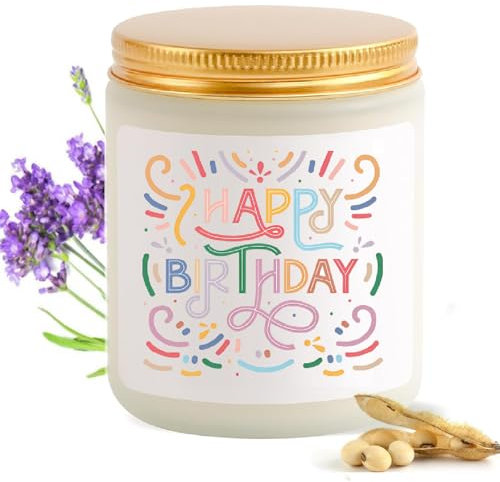 Geburtstagsgeschenk für Frauen - Lavendel Duftkerze mit Happy Birthday, Natürliche Sojawachs-Kerze im Glas (200g), Geschenk für Mama, Freundin, Tochter, Schwester