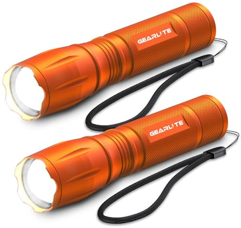 GEARLITE Torcia a LED a batteria, 2 pezzi, 2000 lumen, torcia LED estremamente luminosa, con 5 modalità, IP65, impermeabile, per bambini, per campeggio, attività all'aperto, colore arancione