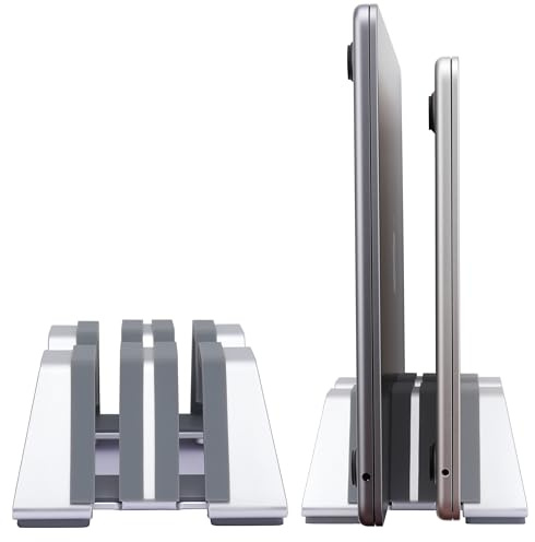 Psitek Adjustable Dual Vertical Laptop Stand Holder - Supports 2 Devices 6061 Aluminum, Universal Fit for All Laptops - Fashion Design, Adjustable Width, Anti-Slip & Scratch-Resistant, Patented Design
