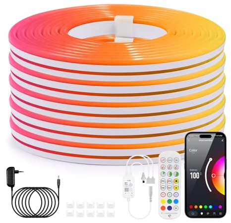 Wisada DC24V 20M RGB Neon Strip, SMD3535 1200LEDs Silikon Flexibler WIFI LED Streifen, Smart Musiksynchronisierung Neon LED Lichtband mit Fernbedienung & Netzteil für Schlafzimmer,Weihnachtsfeier