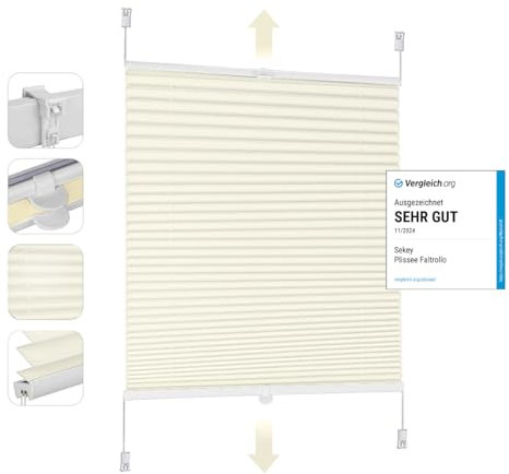 Sekey Plissee Klemmfix ohne Bohren 110x130cm Faltrollo Plisseerollo Jalousie für Tür & Fenster Blickdicht Sichtschutz Sonnenschutz Fertifplissee Rollo 110 cm breit Beige