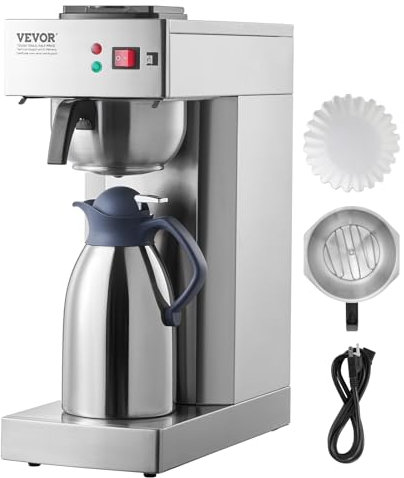 VEVOR Cafetera de Goteo Comercial de 12 Tazas Cafetera con Jarra Térmica 2,0 L para Mantener Caliente o Fría Cafetera de Acero Inoxidable para Restaurante, Oficina, Cafetería, 405 x 203 x 530 mm