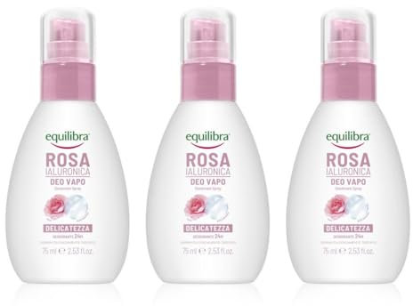 equilibra Corpo, Rosa Ialuronica Deo Vapo, Deodorante Spray Adatto per Pelli Sensibili, Deodorante 24H con Complesso Anti-odore, a Base di Rosa e Acido Ialuronico, 3 X 75 ml
