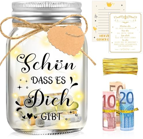 Shining She LED Flaschenlicht Geldgeschenke - Schön dass es dich gibt | Geburtstagsgeschenk für Frauen Männer, Muttertagsgeschenk für Mama, Ruhestand Geschenk Frauen, Personalisierte Geschenke