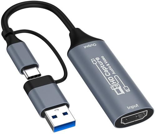 Videoaufnahmekarte, HDMI auf USB/USB-C Capture Card für Streaming, 1080P 60fps Videoaufnahmegerät für Spielaufnahmen, kompatibel für Windows, Quest 3, Switch, OBS, PS4/PS5