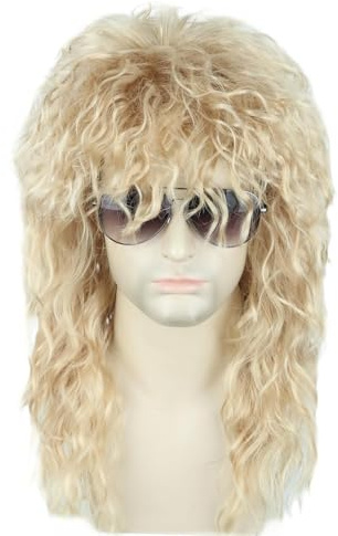 CGVG 70er 80er Jahre Vokuhila Perücke Lange Lockige Mullet Perücke Rocker Punk Popstar Disco Perücken für Herren Damen Karneval Halloween Mottoparty (Blond) (p2305-15)