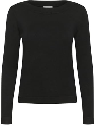 KAFFE Women's Pullover Slim Fit Boat Neck Long Sleeves Hip Length Fine Knit, Black Deep, S