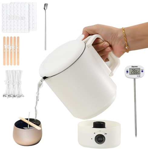 Vaso per cera con beccuccio, per la produzione di candele, set per la creazione di candele, con stoppini adesivi per stoppini, dispositivo di centraggio, cucchiaio per mescolare, termometro