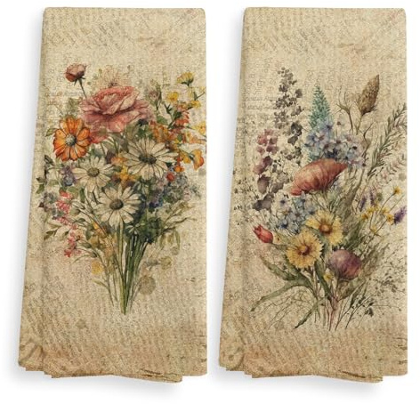 Dermalyx 2 Piezas Paños de Cocina y Secado de Flores Vintage, Paños de Cocina Decorativos Vintage, Paños Decorativos de Ramo de Flores, Paño Seco de Flores Silvestres Ret