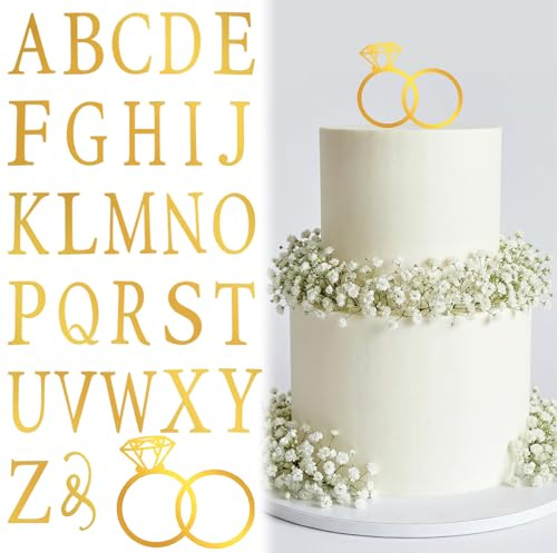 Wedding Cake Toppers Diamond Ring Personalized Cake Topper with 26 Letter Bride and Groom Initial Sign Custom Cakes Topper Wedding Toppers for Cakes - Gold Acrylic