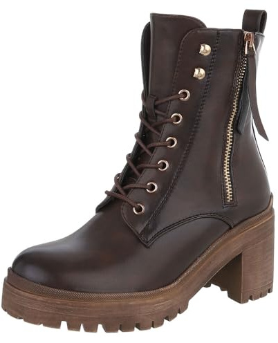 Ital Design Damen Stiefeletten mit Schnürung und Blockabsatz, runde Spitze