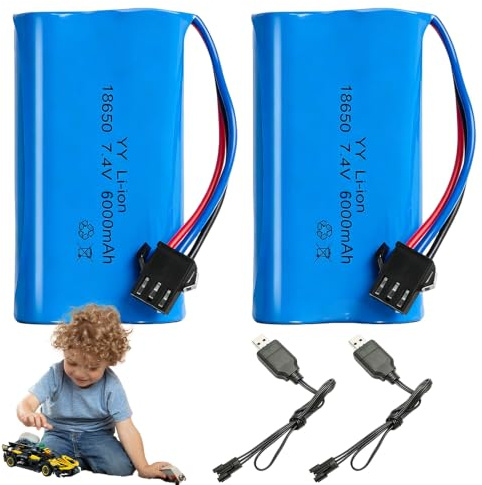 2PCS 7.4 V Li-ion Battery, 3000mAh Rechargeable RC Battery mit SM-3P Stecker, UBS Ladekabel, 18650 Li-ion Akku für RC Fahrzeuge, Panzer, Auto, Roboter, Stunt Car (6000mAh)