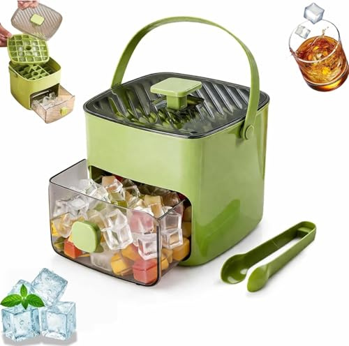 Portable Ice Maker with Storage Box – 48 Cube Easy Press Release Ice Tray for Freezer – BPA Free 2 Layer Ice Cube Maker with Lid and Tongs (Green)