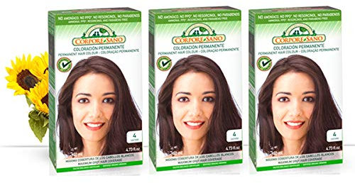 Corpore Sano Pack x3 Unidades Tinte Castaño 4 Permanente 140ml - Tinte de coloración sin amoníaco, resorcinol ni parabenos. Los champús naturales de Henna poténcia la durabilidad del color