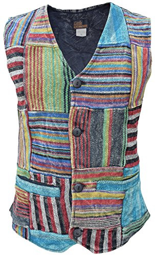 Gheri Herren Top Patchwork Gestreift Boho Voll Knopf Stein Gewaschen Weste L