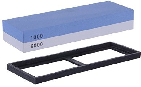 WOVELOT Professional Grade 2-IN-1 1000/6000 Grit Whetstone 2-sided Corundum Coarse Sharpening Fine Knife Sharpening Stones With Honing-Rubber Stone Holder Included (White+Blue)