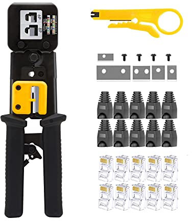 MAYLINE RJ45 Crimp Tool, Crimper Cat5 Cat6 Network Cable Plug Crimping Cutter for RJ11/RJ12, Wire Stripper for Regular End-Pass-Through and Telephone Cables Connectors(Black)