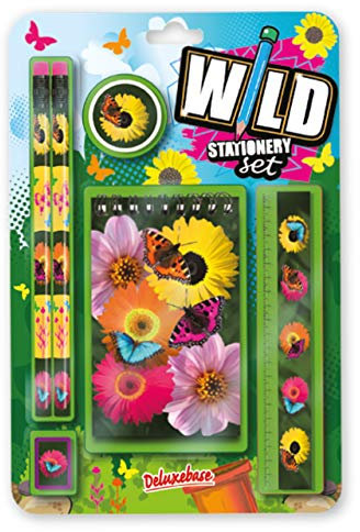 Deluxebase Wild Stationery Set - Schmetterling niedlichen Stationären Schulsets für Mädchen enthalten 2 Bleistifte, Radiergummi, Spitzer, Lineal und Notizbuch