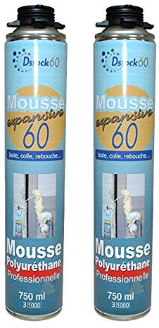 DSTOCK60 - LOT DE 2 MOUSSES PISTOLABLES - MOUSSE EXPANSIVE 750 ML - MOUSSE POLYURÉTHANE PROFESSIONNELLE - ISOLE, COLLE ET REBOUCHE - EXTÉRIEUR ET INTÉRIEUR
