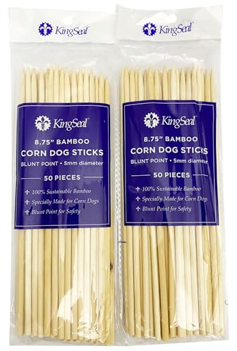 KingSeal Bamboo Wood Corn Dog Skewers, Sticks, 8.75 Inches x 5 mm Diameter, Blunt Point for Safety, Retail Pack - 2 Bags of 50 Skewers (100 Count)