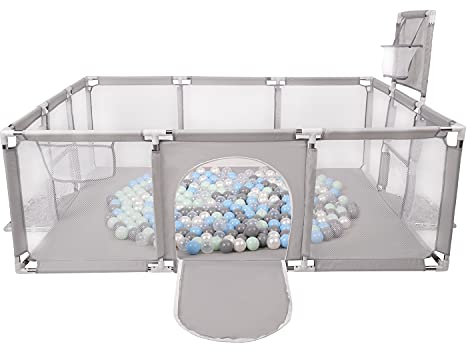 Selonis Laufstall Baby Großer Spielplatz Mit 100 Bälle Laufgitter Für Kinder, Grau:Perle/Grau/Transparent/Babyblue/Minze