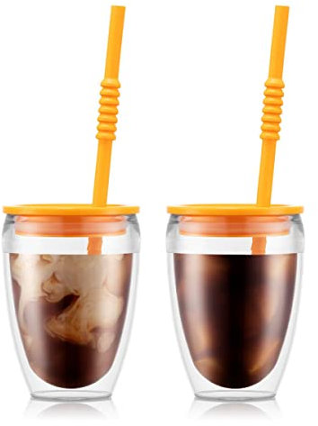 BODUM K11849-449SA-449-Y21 PAVINA TO GO Set 2 gobelets double paroi plastique, avec couvercle hermétique et paille silicone, 30 cl