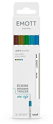 uni-ball Emott Uni Mitsubishi Pencil – 5 Filzstifte Island Colors – zum Schreiben, Zeichnen, Plotten mit Stil – feine Spitze 0,4 mm – Grün, Himmelblau, Türkis, Dunkelgelb, Braun