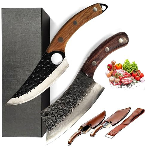 Serbische Küchenmesser (Metzgermesser & Hackmesser), 2er-Hackmesser-Set, geschmiedetes Kochmesser mit Scheide und Abziehriemen, für das Schneiden von Gemüse, Chefmesser-Set für zuhause, Camping & BBQ