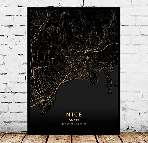 Leinwand Bilder, Nizza Frankreich Stadtplan Wandkunst Poster Moderne Große Drucke Bilder Schwarz Gold Stadt Rechteck Gemälde Pop Wandmalereien Kunstwerk Für Wohnkultur, 20X30 Cm / 7.87X11.81 In
