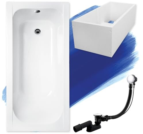 BADLAND Badewanne Original Weiß Acryl Wanne Rechteck CONTINEA 140x70 KOMPLETTSET SET mit Premium Wannenträger + Füßen und Exklusive Chrom Automatik Ablaufgarnitur Made in EU 4in1