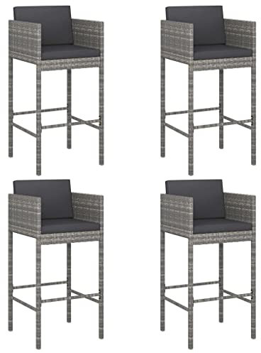 vidaXL 4X Barhocker mit Kissen Küchenhocker Garten Barstuhl Tresenhocker Thekenhocker Tresenstuhl Bistrohocker Gartenmöbel Grau Poly Rattan