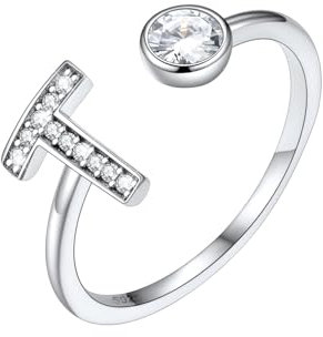 SILVERCUTE Damen Buchstabe T Ring verstellbar 925 Sterling Silber Initiale Offener Ring mit Zirkonia Alphabet Statement Ring Fingerring Schmuck Accessoire