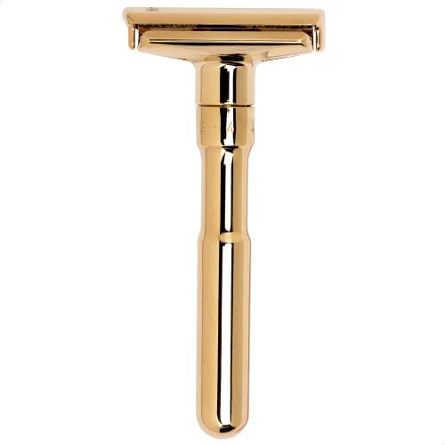 MERKUR Rasierhobel Futur 702 | Designklassiker Glanzgold | Zweiteiliger Rasierer mit geradem Schnitt | Ideal für Nassrasur | Zinkdruckguss | Messing Griffstück | Made in Germany