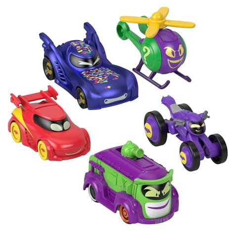 Fisher-Price DC Batwheels Spielzeugautos im Maßstab 1:55, 5er-Pack, Bam Batmobil, Redbird, Prank, Bibi und Quizz, Batcast Metal Die-Cast-Fahrzeuge, ab 3 Jahren, HML21
