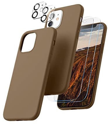 CALOOP 5 in 1 Designed for iPhone 12 Case and iPhone 12 Pro Case 6.1, with 2 Pack Screen Protector & 2 Pack Camera Lens Protector, Soft Liquid Silicone Gel Slim Shockproof Cover, Light Brown