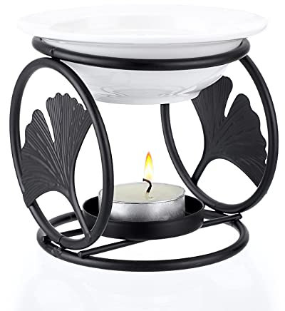 BSTKEY Metall Wachs Melt Brenner Ätherisches Öl Brenner mit Keramik Schale, Dekorative Aroma Diffusor Teelicht Kerzenbrenner für Wachs Schmelzen (Schwarz)