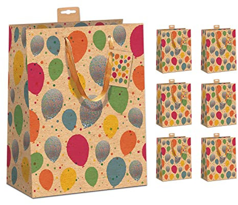 PremiumLine Geschenktaschen 6 Stück edle Geschenktüten Papier Tragetasche aus robustem Kraftkarton DIN A4 Geburtstag Geschenkbeutel Large 26x32x12cm mit farbiger Kordel und Anhänger