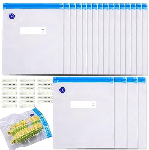 Vakuum Gefrierbeutel, 10 Stück Vakuumversiegelte Bags Kit, Einbeziehen 20 Weiße Reißverschluss Clips, je 26X40CM, für Lebensmittelaufbewahrung und Vakuumgaren, BPA Frei, Transparent