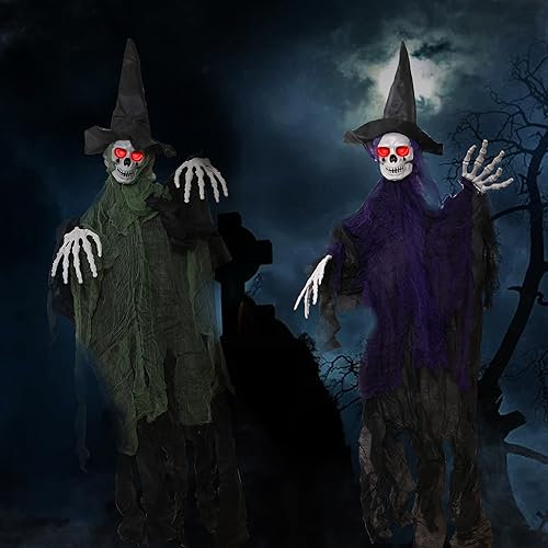 Abnaok Halloween Geist, 2 Stück Halloween Deko Outdoor Skelett Lila + Grün, 105 x 85 cm - Rote Augen