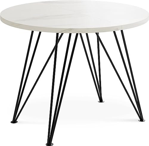 WFL GROUP Runder Ausziehbarer Esstisch - Loft Style Tisch mit Metallbeinen - 100 bis 180 cm - Industrieller Rund Tisch für Wohnzimmer - Spacesaver - Weiß Marmor