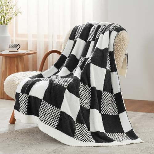 Snuggle Sac Karierte Überwurfdecke, schwarzes Büffelkaro, Lux-Mikrofaser, Flauschige Decke für Couch, wendbare, gemütliche Strickdecke, schwarz-weiß, 127 x 152,4 cm