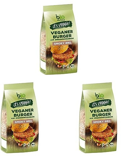 biozentrale Veganer Burger Smoky BBQ | 170 g ca. 4 Burger | vegane Fleisch-Alternative aus Erbsenprotein | hoher Proteingehalt | ohne Soja | zum Braten und Grillen (Packung mit 3)
