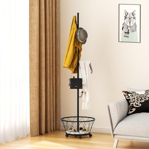 Neohomee Porte-manteau en métal avec panier à linge sur roulettes - Rangement facile pour chambre à coucher - Noir