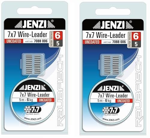 Set: 2 x Jenzi Stahl Vorfach, Powerflex, 7x7, 6, 9, 12, 15, oder 20 kg, mit 20 Klemmhülsen Vorfach + gratis Petri Heil! Aufkleber (6 kg)